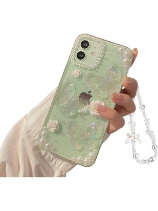 iPhone 12/12 Pro 3D Butterfly Floral Clear with Design Aesthetic Women Teen Girls Glitter  Cover+Chain-Clear