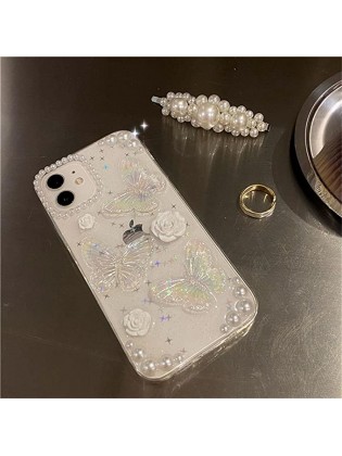 iPhone 12/12 Pro 3D Butterfly Floral Clear with Design Aesthetic Women Teen Girls Glitter  Cover+Chain-Clear